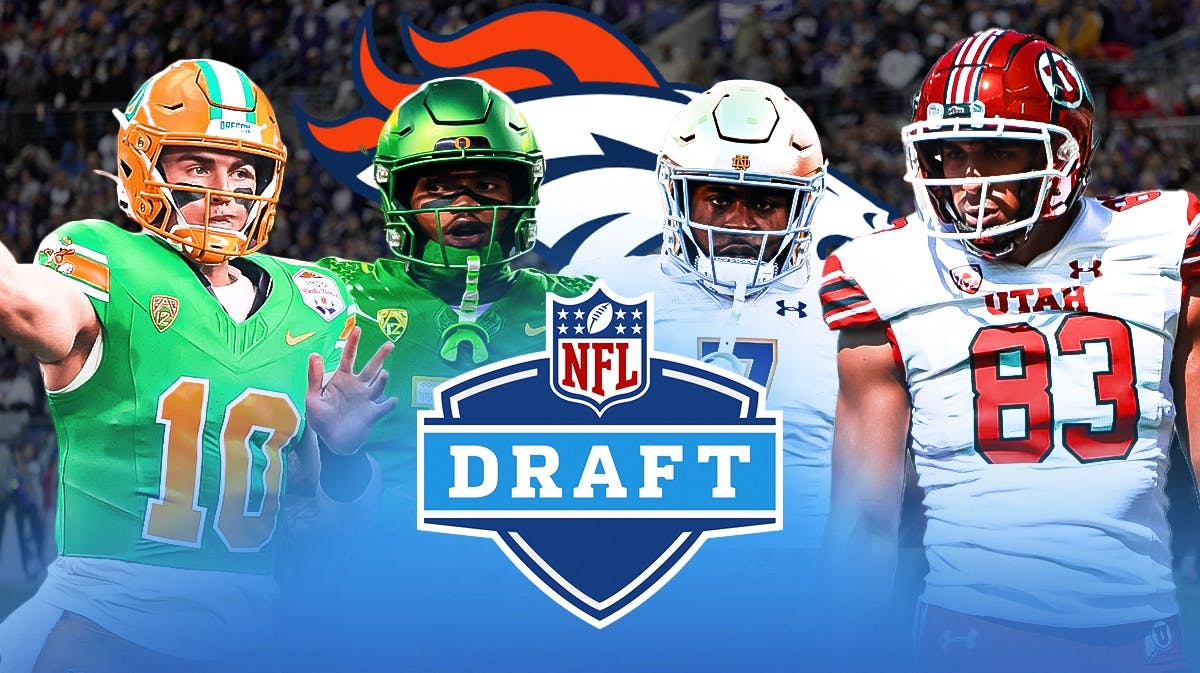 Bo Nix, Troy Franklin, Audric Estime, Jonah Ellis all together. NFL Draft logo in front, Broncos logo in the background.