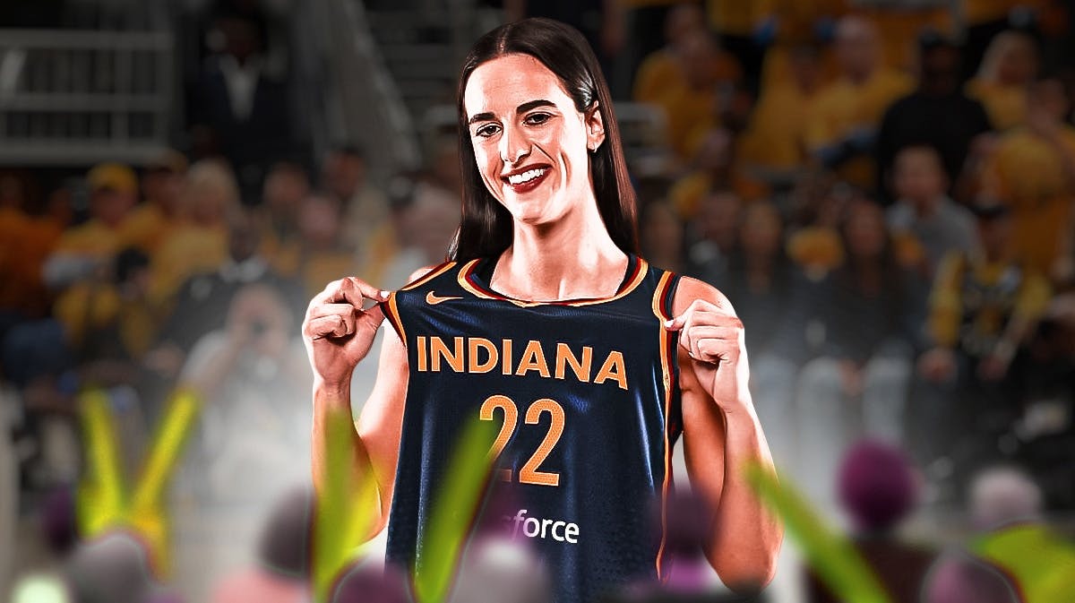 Indiana Fever player Caitlin Clark, on a basketball court in front of a cheering crowd