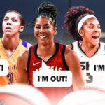 Candace Parker in an Aces jersey, Sky jersey, Sparks jersey (so 3 different cutouts) saying "I'm out!"
