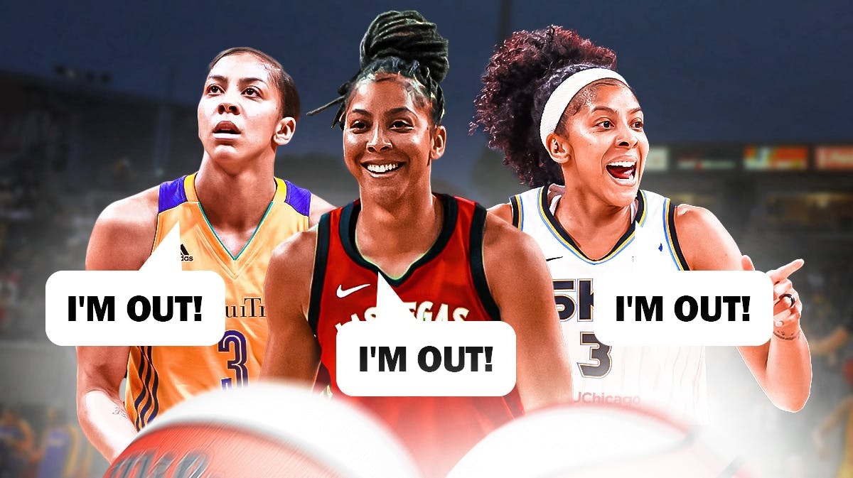 Candace Parker in an Aces jersey, Sky jersey, Sparks jersey (so 3 different cutouts) saying "I'm out!"