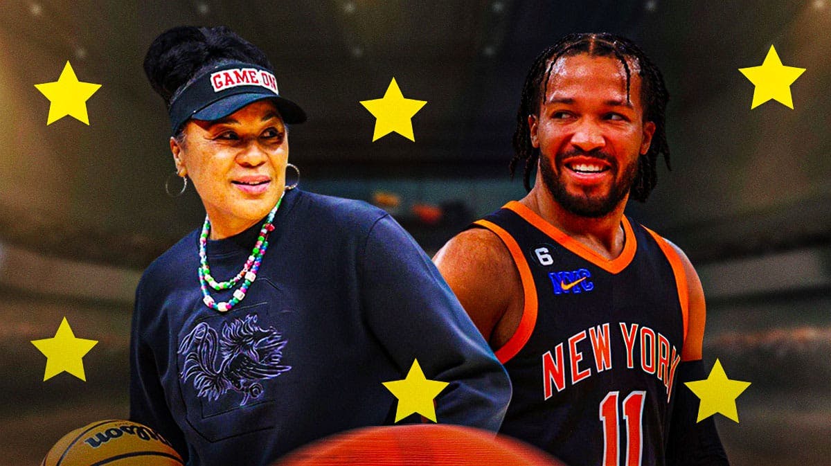 South Carolina women's basketball coach Dawn Staley, and New York Knicks player Jalen Brunson, with stars surrounding both of them