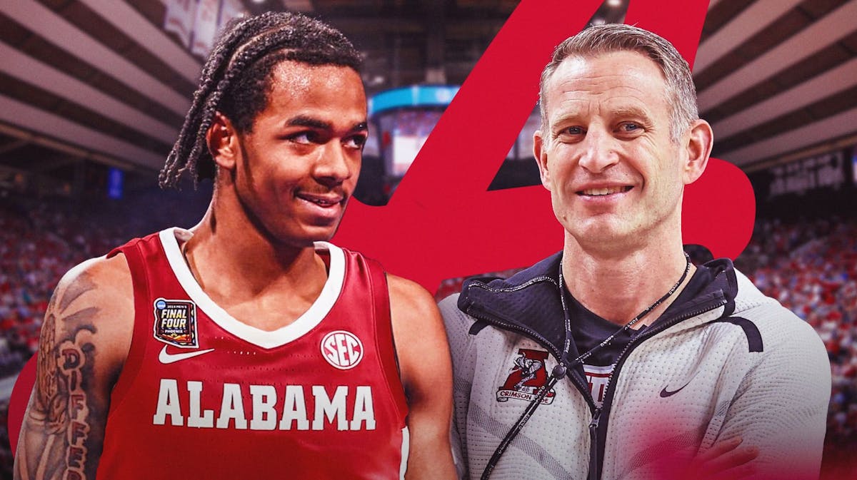 Labaron Philon in an Alabama Crimson Tide jersey alongside Nate Oats with the Alabama logo in the background