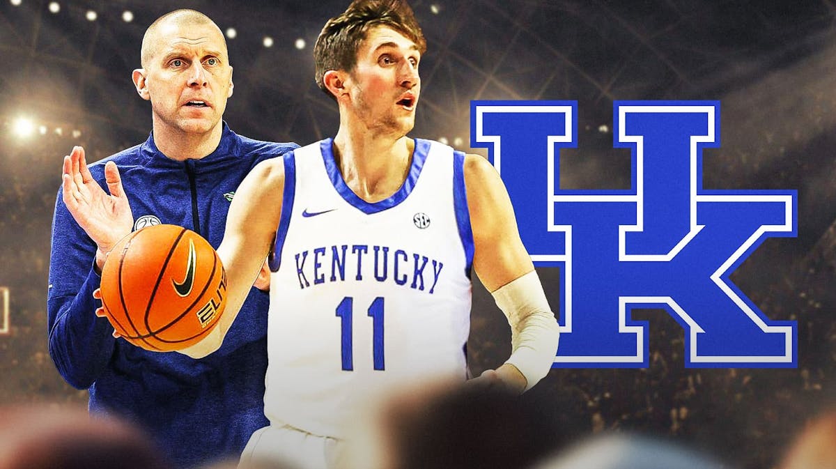 Andrew Carr in a Kentucky jersey alongside Mark Pope with the Kentucky logo in the background, transfer portal