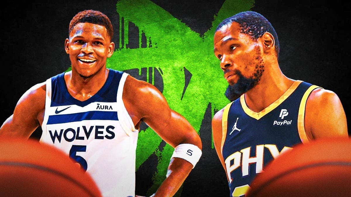Phoenix Suns forward Kevin Durant, Minnesota Timberwolves guard Anthony Edwards, and a DX background