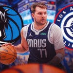 Mavericks' Luka Doncic in front looking serious. In background, need the Mavericks' 2024 logo and Clippers' 2024 logo. Then place question marks in image please.