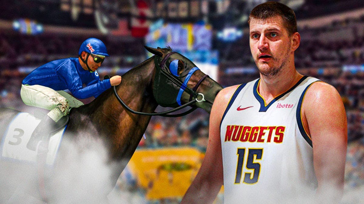 Nuggets Nikola Jokic looking at a racehorse (the background is the the Nuggets court.)