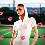 Zendaya with lips emojis on a tennis background