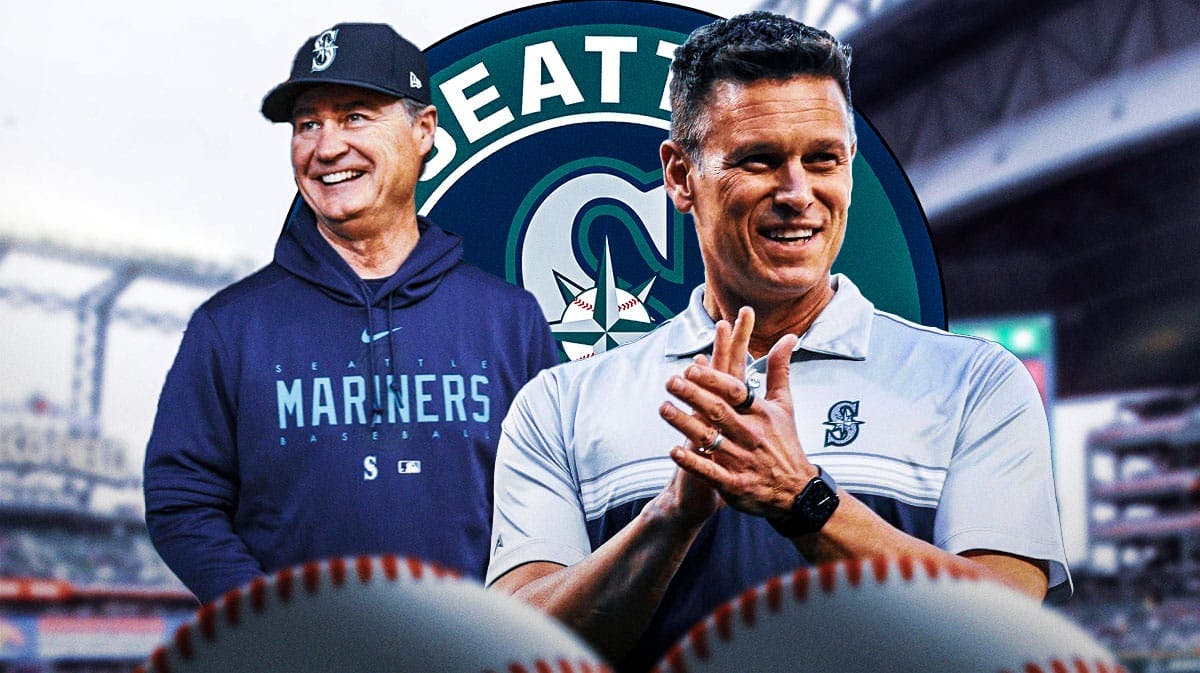Scott Servais and Jerry Dipoto in front of a Mariners logo