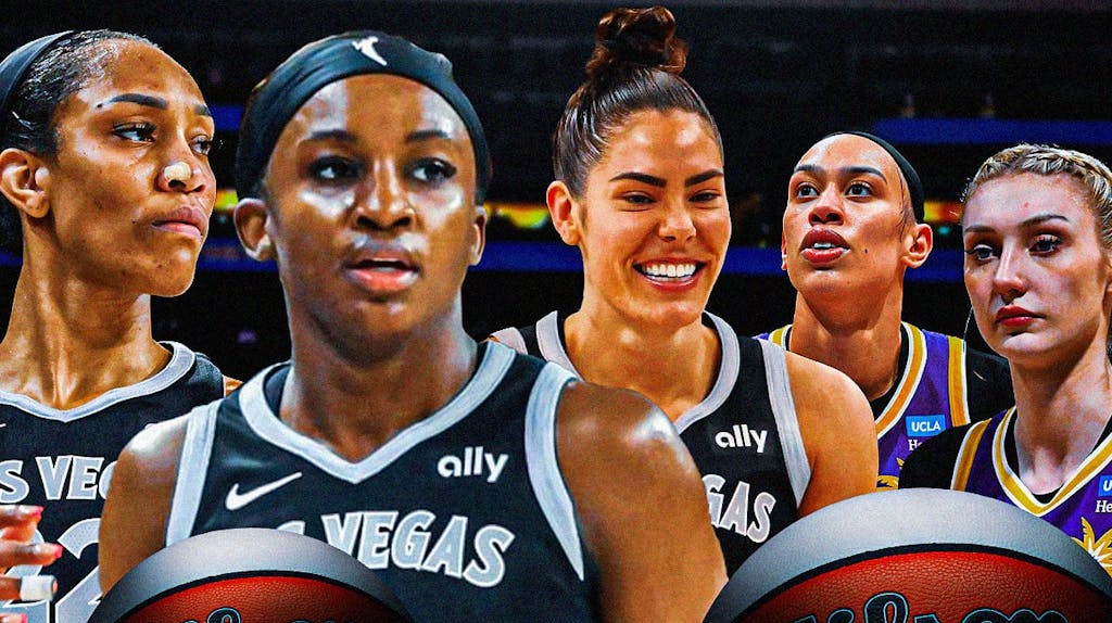 Las Vegas Aces A’ja Wilson, Jackie Young, and Kelsey Plum smiling next to Los Angeles Sparks Dearica Hamby and Cameron Brink looking sad.