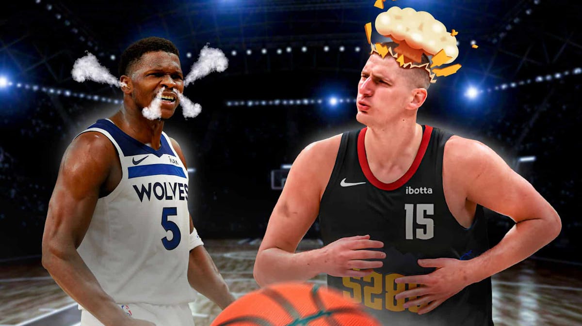 Anthony Edwards with smoke coming out his nose and ears. Nikola Jokic with mind-blown head