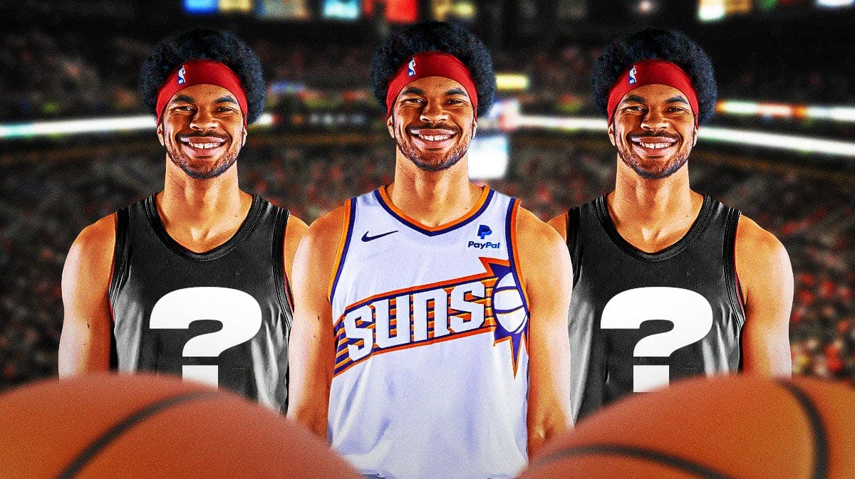 3 identical pics of Jarrett Allen. The one in the middle with Allen in a Suns jersey. The other two with Jarrett Allen in blank jerseys with question marks on it for his other trade destinations.