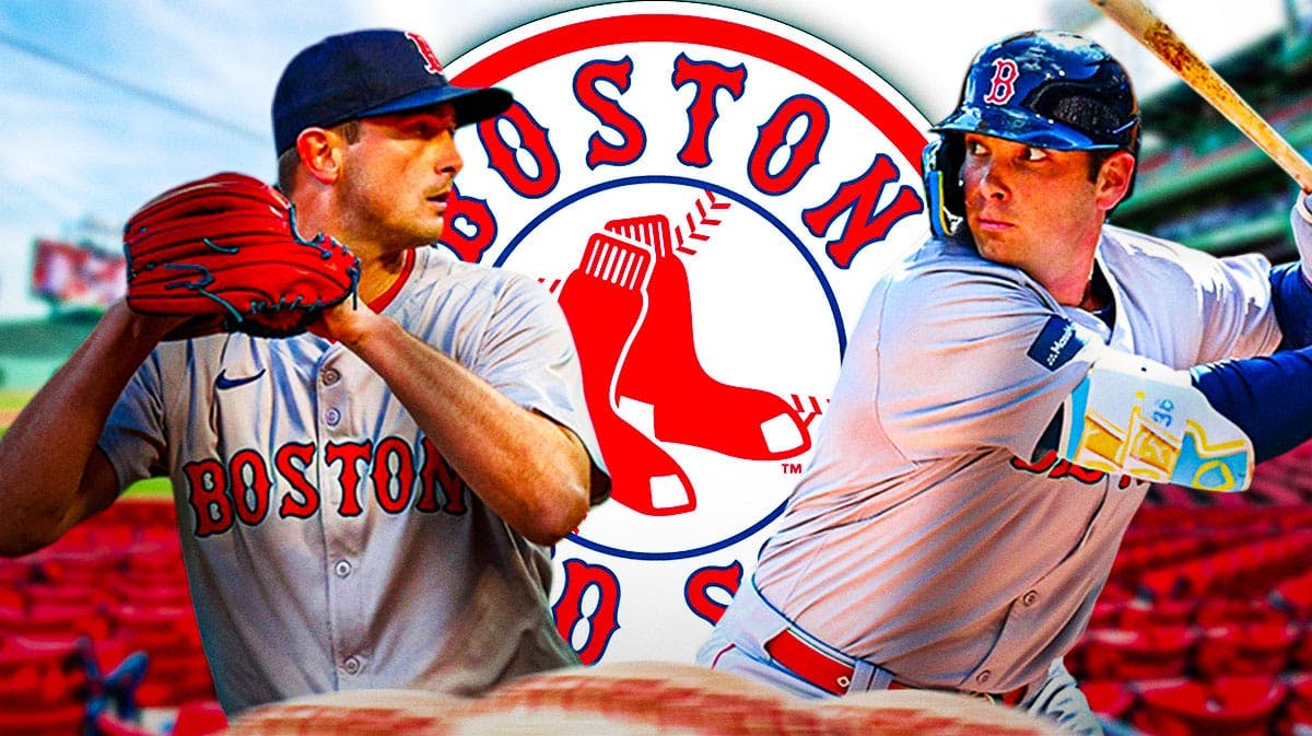 Triston Casas and Garrett Whitlock next to a Red Sox logo