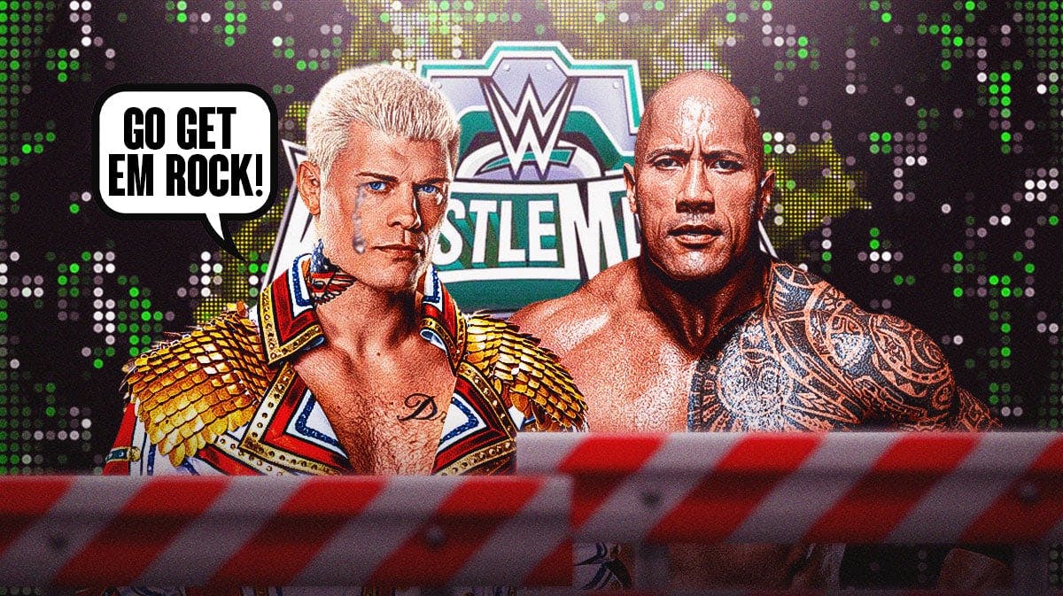 Cody Rhodes with tears in his eyes with a text bubble reading "Go get 'em Rock!" next to The Rock with the WrestleMania 40 logo as the background.
