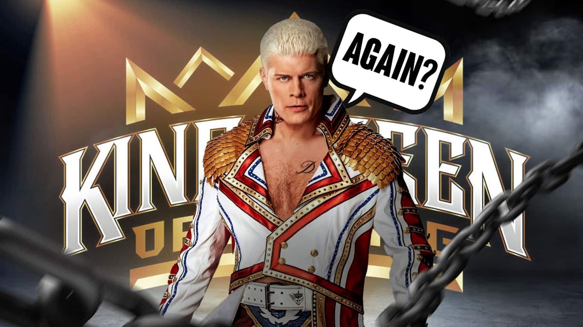 Cody Rhodes with a text bubble reading "Again?" with the 2024 King and Queen of the Ring logo as the background.
