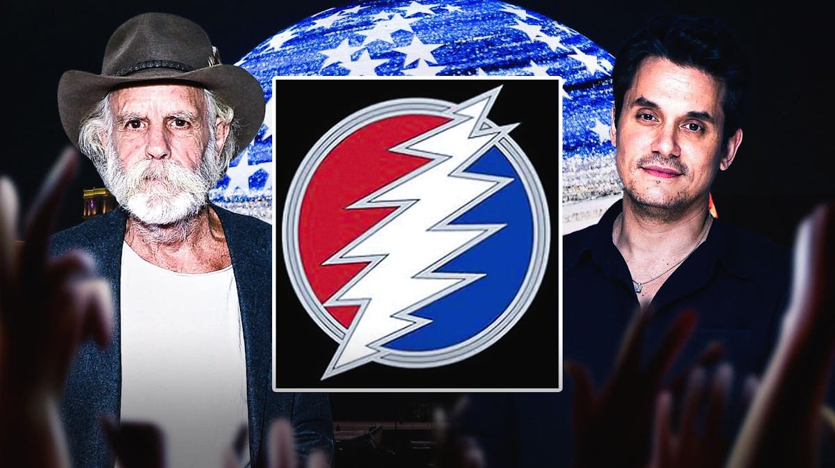 Dead and Company logo with members Bob Weir and John Mayer with Sphere in background.