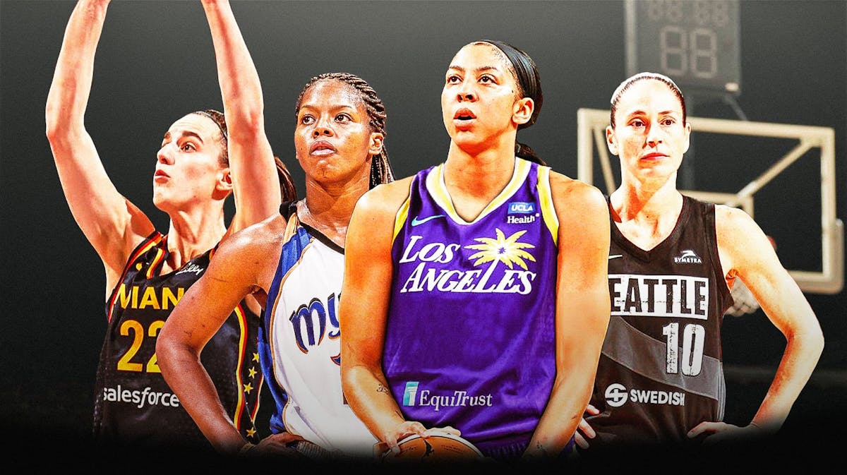 Caitlin Clark shooting the ball in an Indiana Fever jersey, Candace Parker in a Los Angeles Sparks jersey, Sue Bird in a Seattle Storm jersey, and Nikki McCray in a Washington Mystics jersey