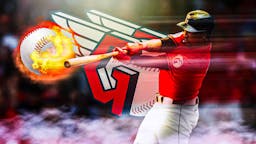 Guardians' Jose Ramirez swinging a baseball bat and hitting a baseball. Place fire coming off the ball. Cleveland Guardians' logo in background.