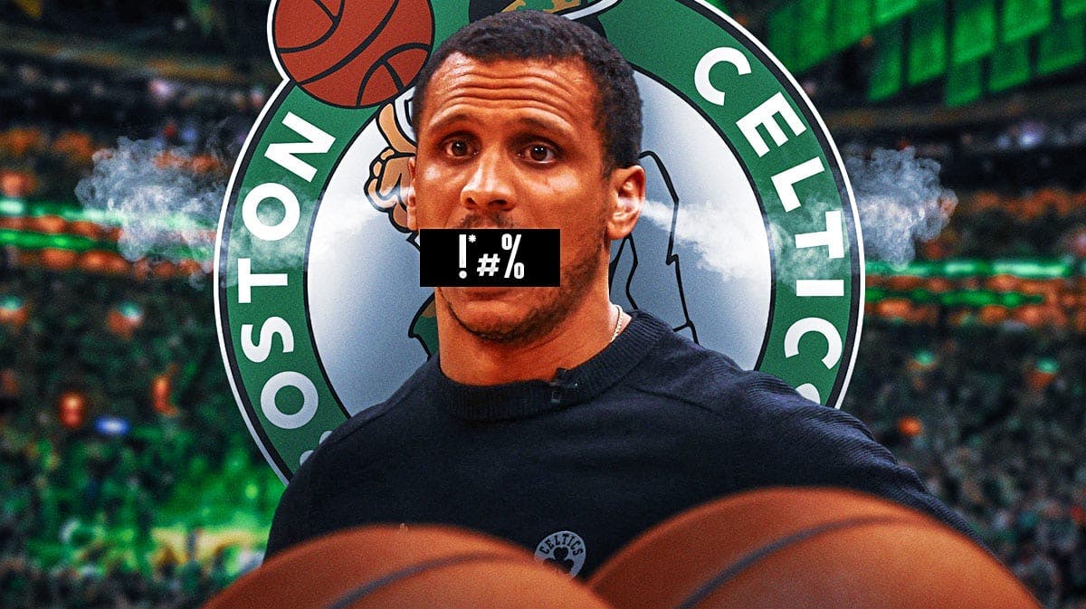 Celtics Joe Mazzulla with a sensor bar over his mouth