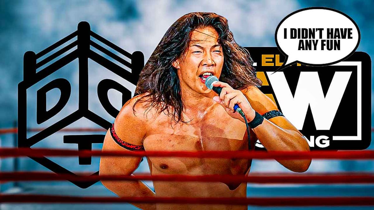 Konosuke Takeshita with a text bubble reading "I didn’t have any fun" with half of the background as the DDT Pro Wrestling logo and the AEW logo as the other half.
