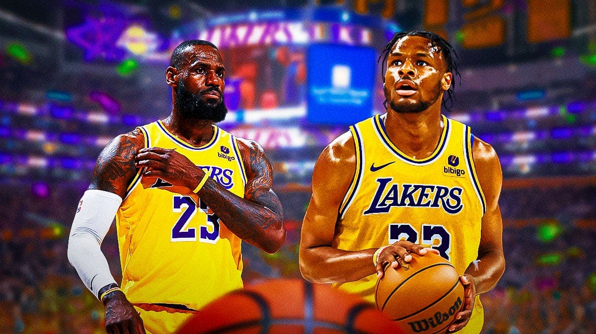 LeBron James and Bronny James in Lakers uniforms