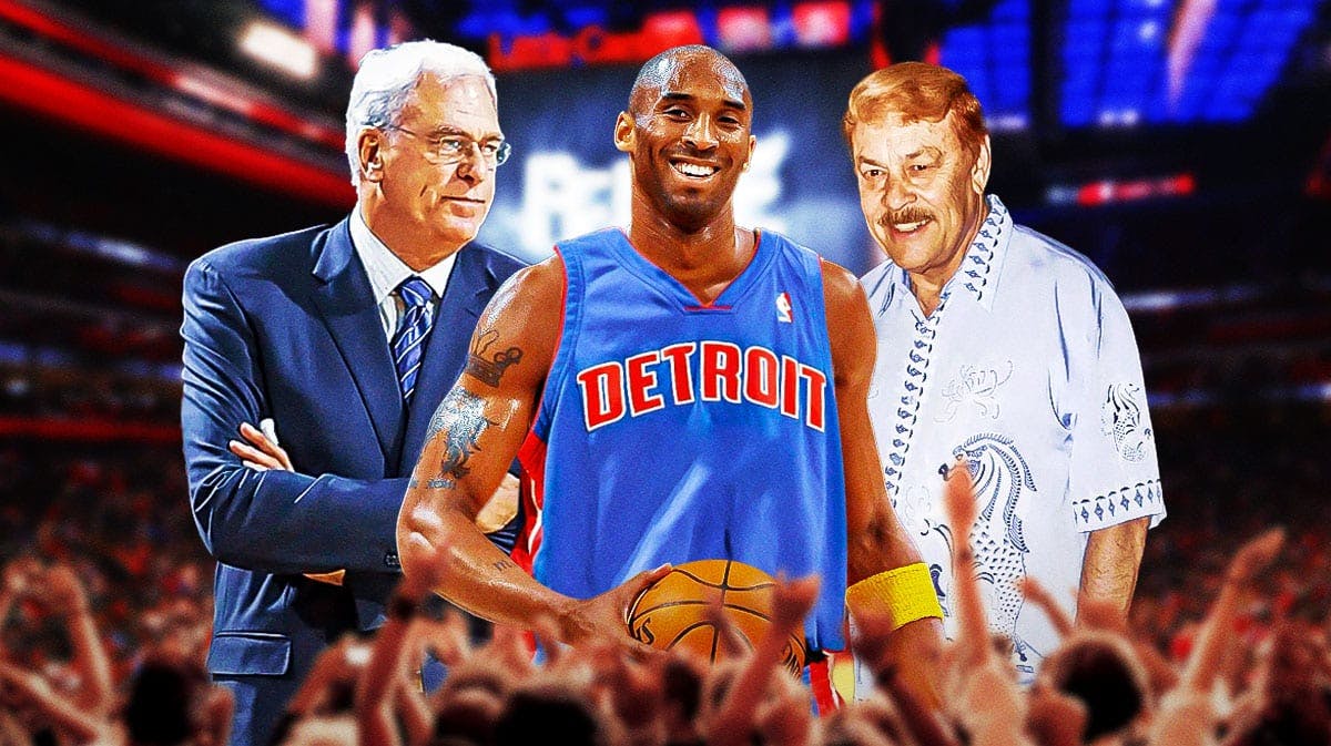 Kobe Bryant in Pistons jersey with Phil Jackson and Jerry Buss in background
