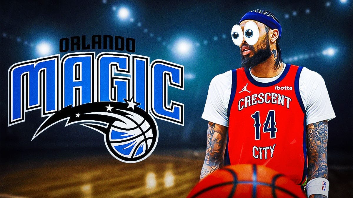 Brandon Ingram looking at Orlando Magic logo with big eyeballs.