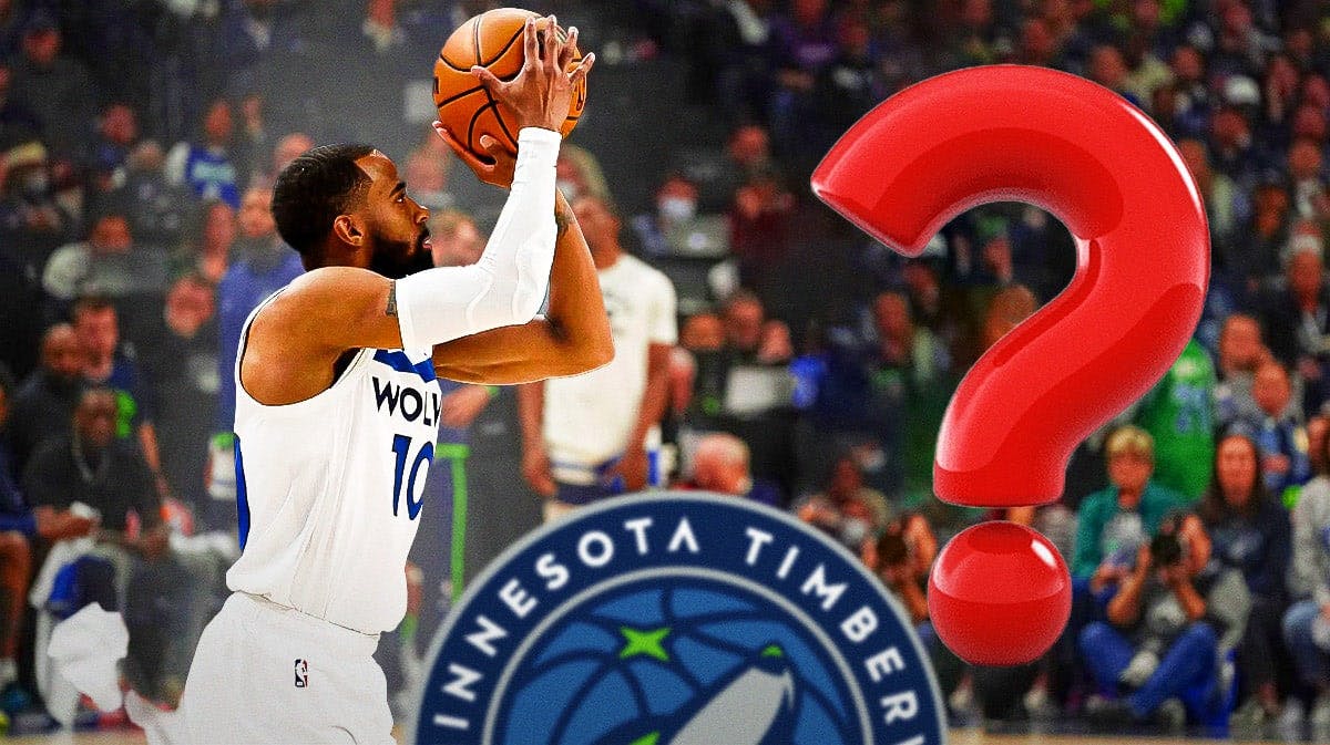 Timberwolves' Mike Conley on left shooting a basketball. Question mark on right.