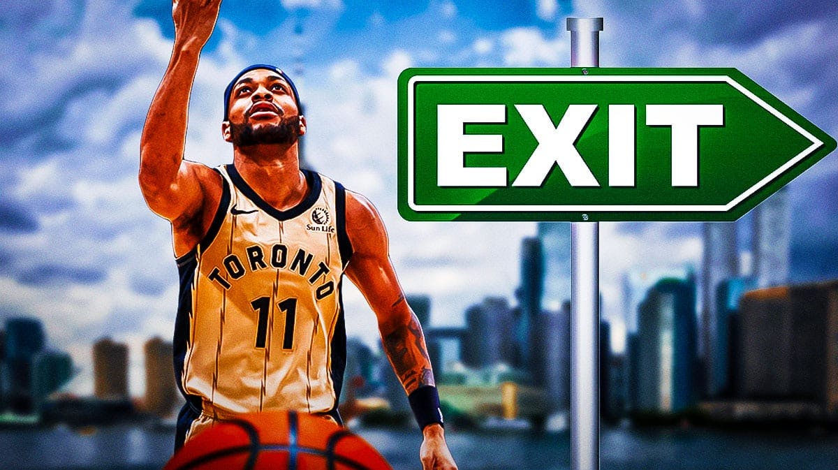 Bruce Brown moving toward exit sign with Toronto skyline in background