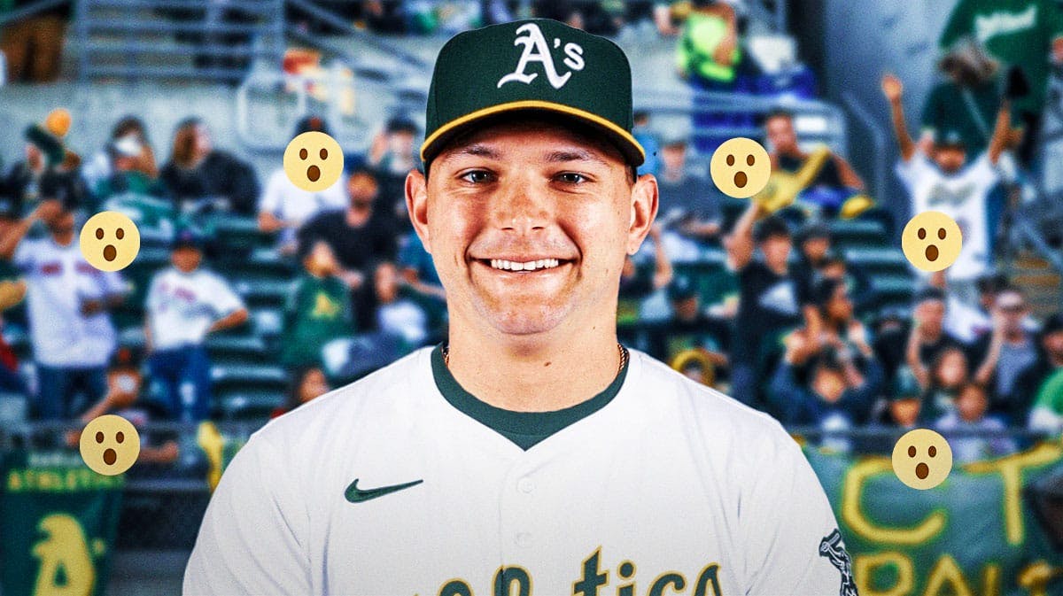 Brandon Bielak in an Oakland Athletics uniform with a bunch of shocked emojis in the background