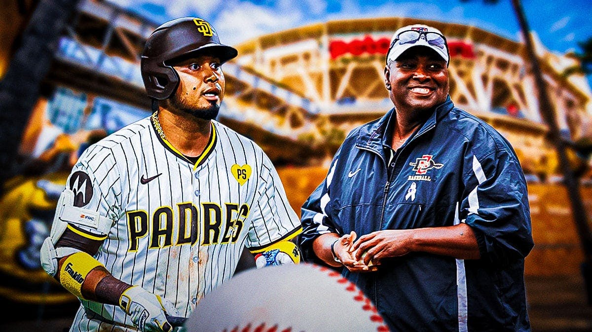 Luis Arraez and Tony Gwynn with Petco Park in background