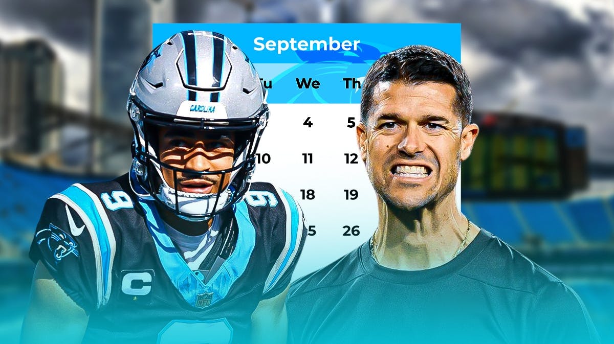 Panthers coach Dave Canales, QB Bryce Young and calendar with Panthers logo