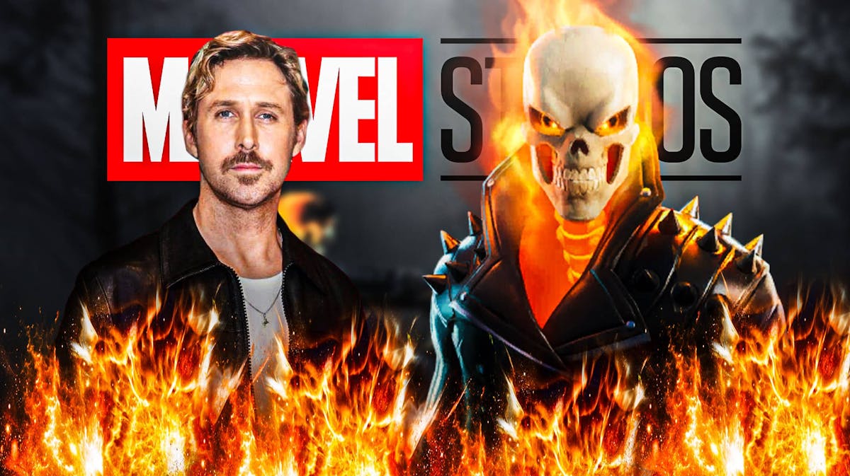 Ryan Gosling with Marvel Studios (MCU) logo and Ghost Rider.