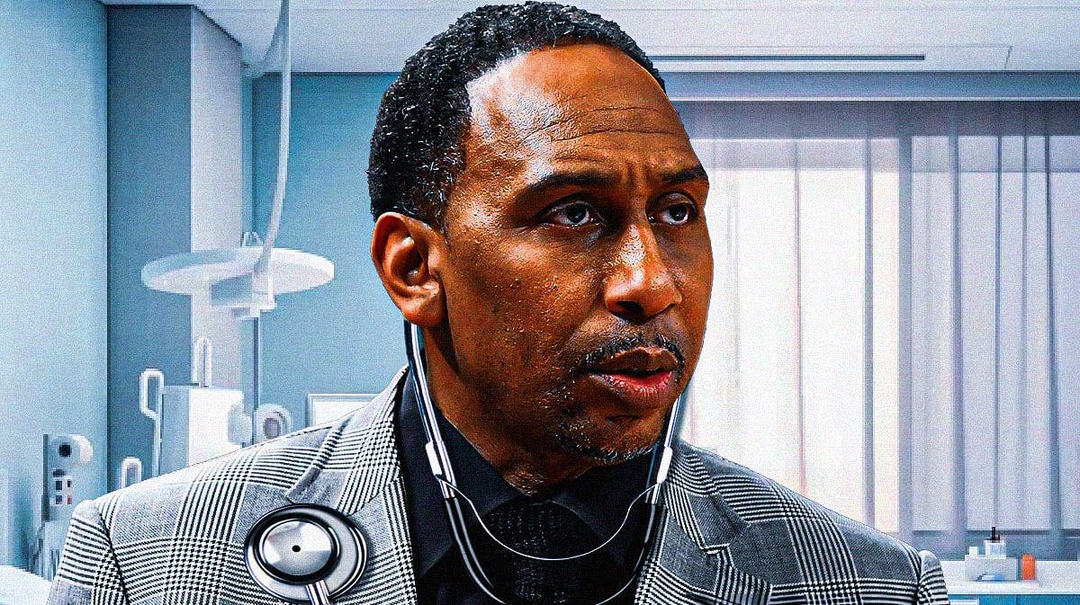 Stephen A Smith as a doctor and looking angry/sad, add Knicks logo in the background