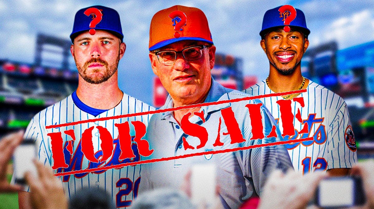 Pete Alonso, Steve Cohen and Francisco Lindor with for sale sign