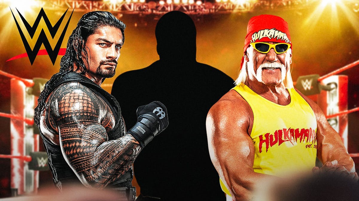 Roman Reigns on the left, Hulk Hogan on the right, and the blacked-out silhouette of D-Von Dudley between them with the WWE logo as the background.