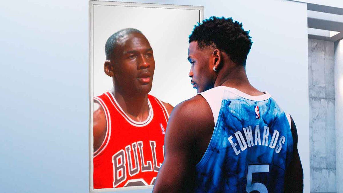Timberwolves' Anthony Edwards looking at the mirror, with Michael Jordan's reflection looking back at him