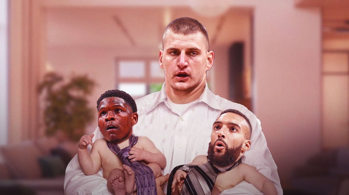 Nuggets' Nikola Jokic as a father, with Timberwolves' Rudy Gobert and Anthony Edwards as his babies