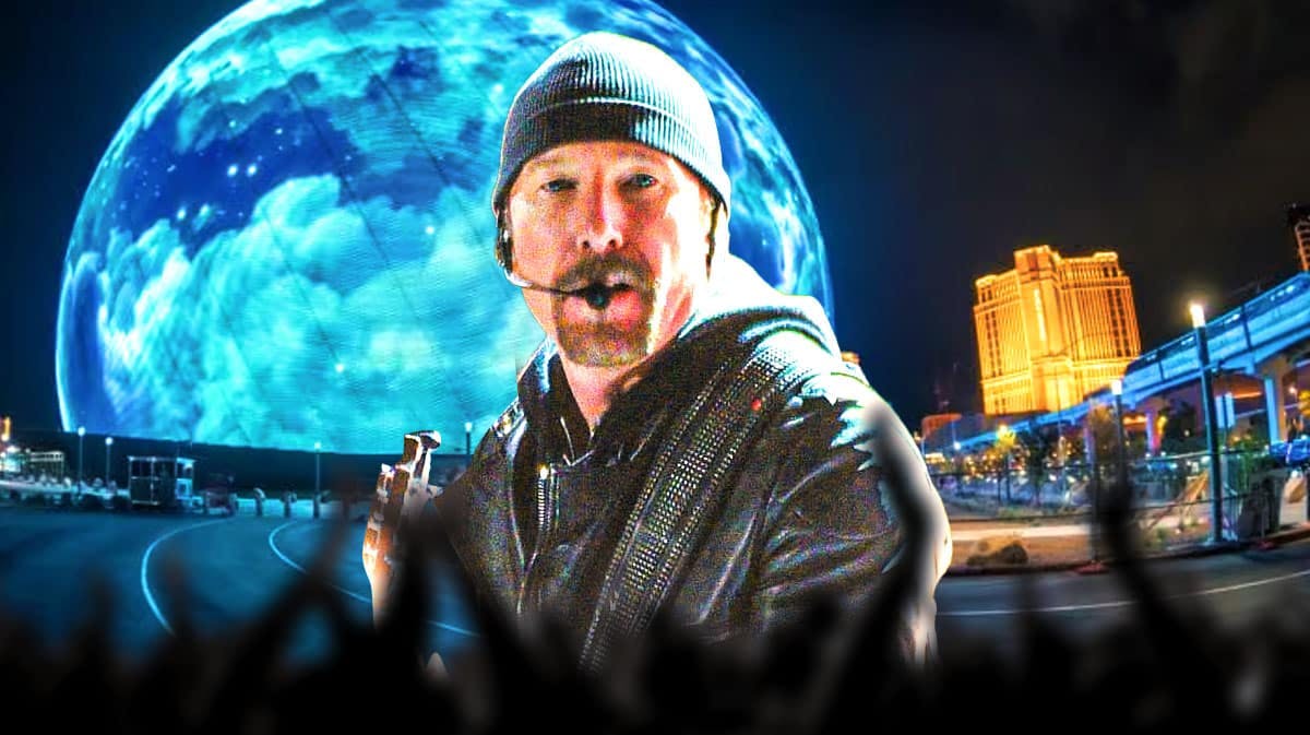 U2 guitarist The Edge with Sphere background.