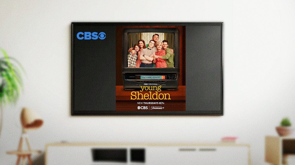 Young Sheldon Season 7 poster on TV with CBS logo.