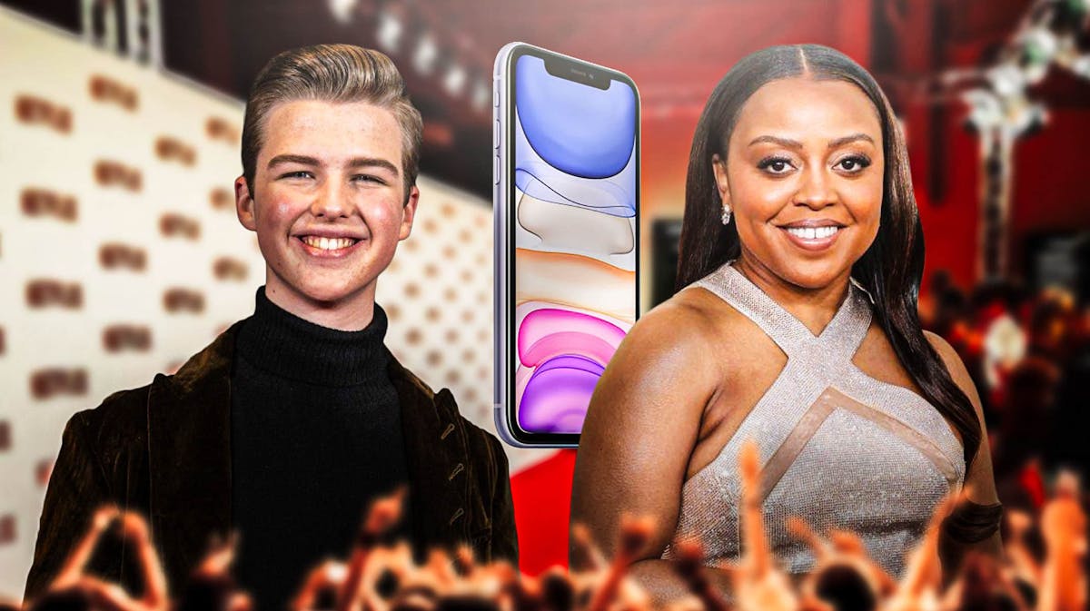 Young Sheldon star Iain Armitage and iPhone with Abbott Elementary creator Quinta Brunson on red carpet.