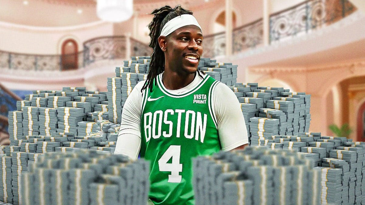 Jrue Holiday surrounded by piles of cash.