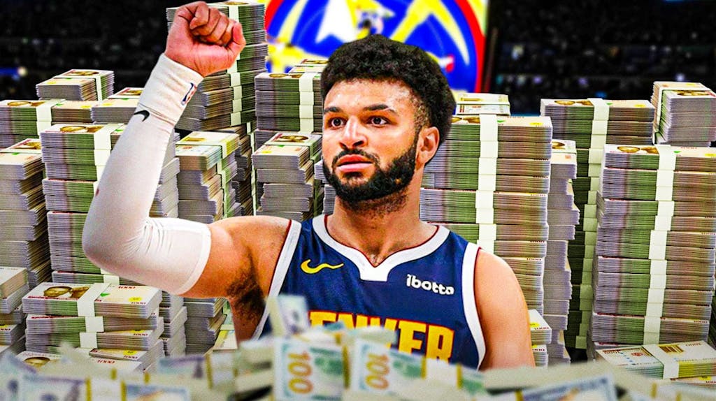 Jamal Murray surrounded by piles of cash.