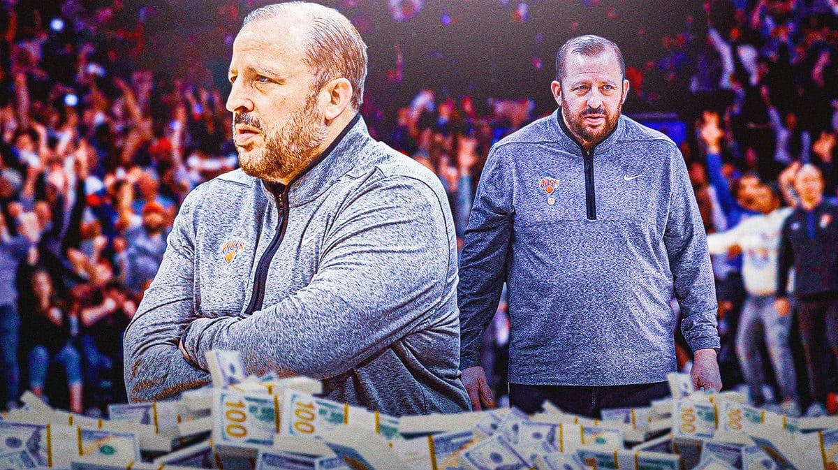 Tom Thibodeau surrounded by piles of cash.