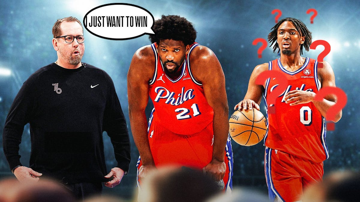 76ers' Joel Embiid saying "I just want to win" next to Nick Nurse and Tyrese Maxey