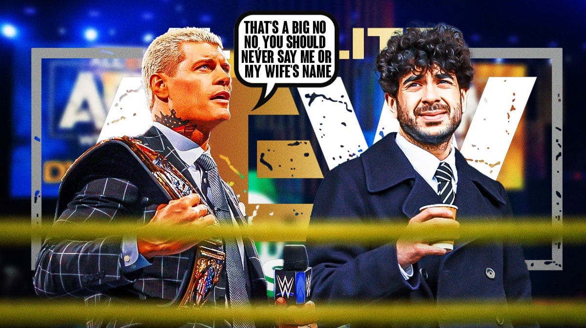 Cody Rhodes with a text bubble reading "That's a big no no, you should never say me or my wife's name" next to Tony Khan with the AEW logo as the background.