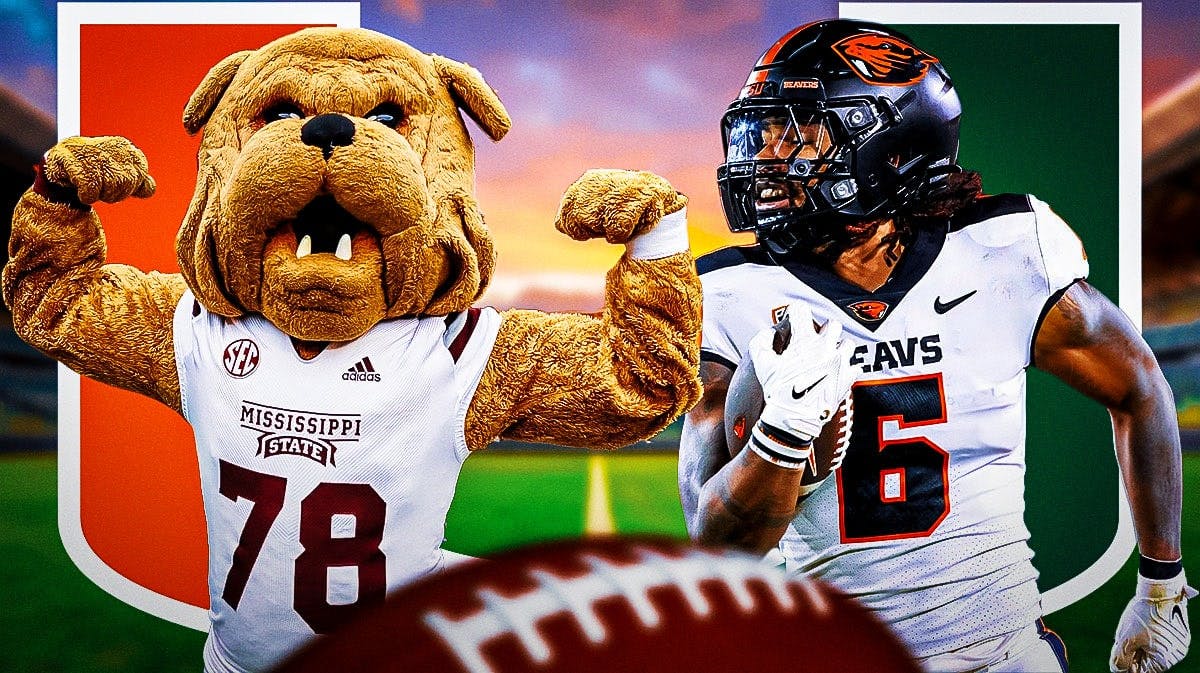 Oregon State RB Damien Martinez looking at Missisippi State mascot, Miami logo.