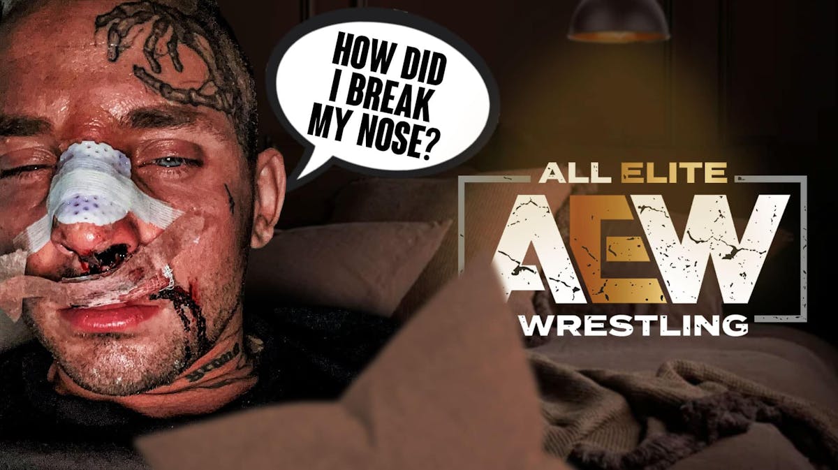 The attached picture of Darby Allin with a text bubble reading "How did I break my nose?" with the AEW logo as the background.