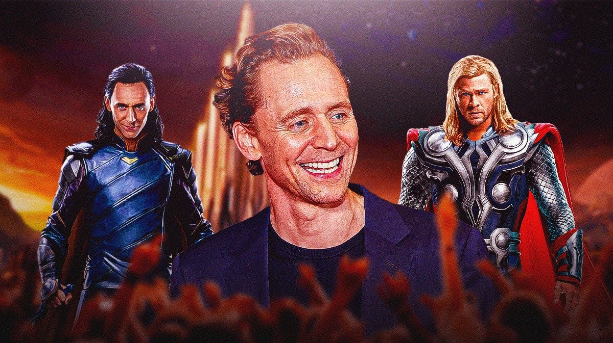 Tom Hiddleston in between Thor and Loki and Marvel Asgard in the background