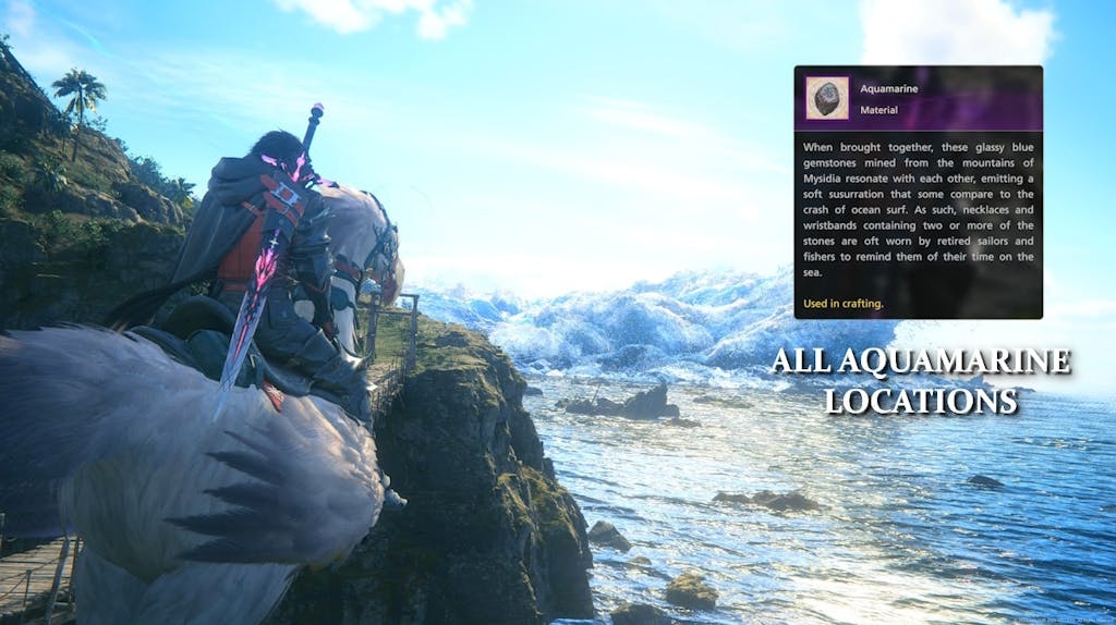 ff16 aquamarine, ff16 aquamarine locations, ff16 aquamarine mysidia, ff16 the rising tide, ff16, an ingame screenshot from ff16 with the aquamarine tooltip on one side and the words all aquamarine locations under it