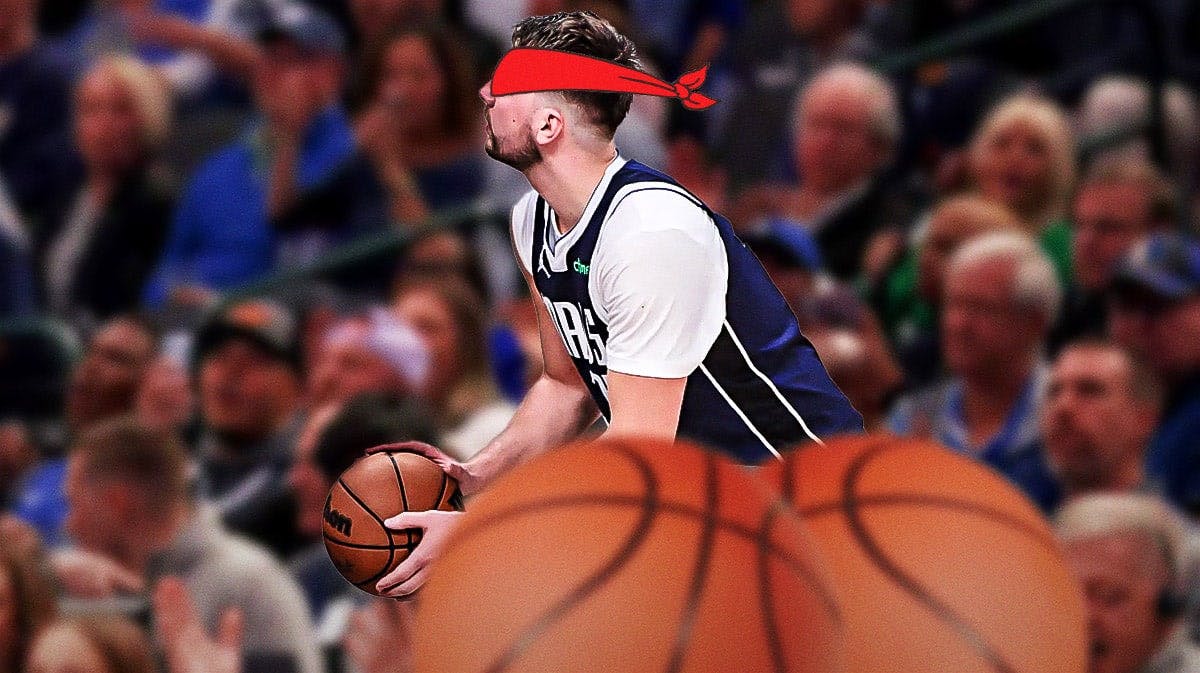 Luka Doncic wearing a blindfold while preparing to shoot.